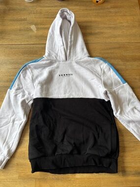 Kids White & Black Hooded Colorblock Sweatshirt with Blue Trim